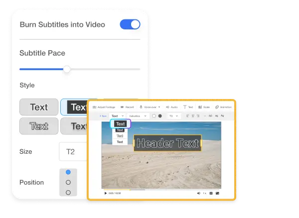 AI Video editing tools - Interface showing AI-Generated On-Screen Text feature for creating captions, titles, and key points that match the video's style and content, enhancing visual appeal and informativeness.